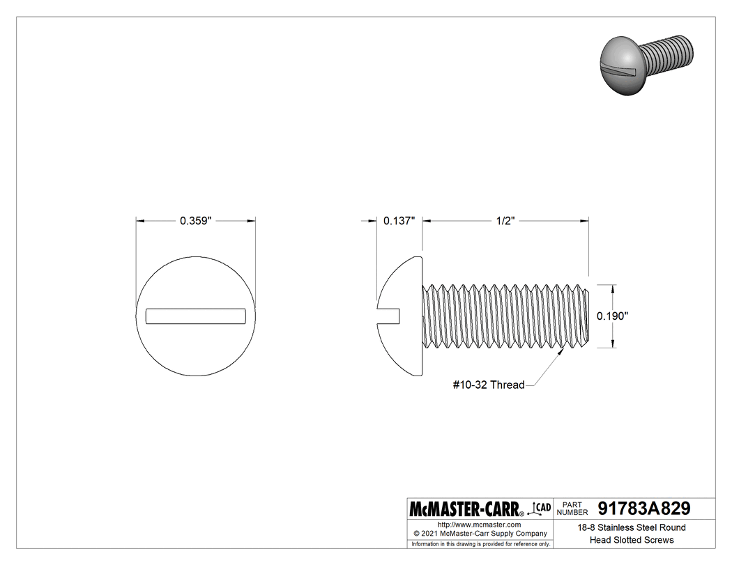 Technical Drawing of 18-8 Stainless Steel Round Head Slotted Screws, Decorative, 10-32 Thread Size, 1/2" Long.